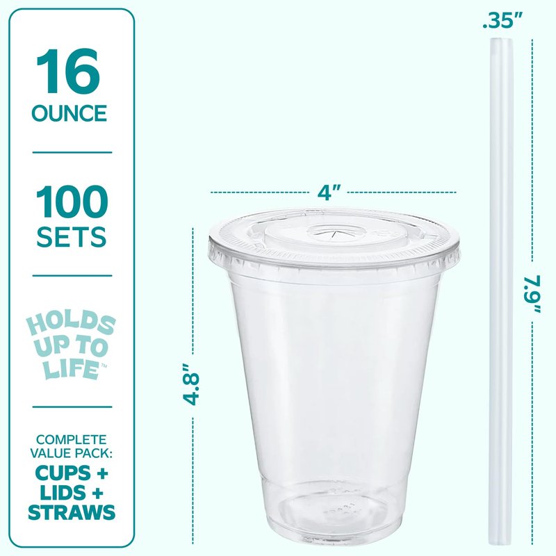 GUSTO [24 oz - 100 Sets Clear Plastic Cups with Lids and Straws – Disposable Iced Coffee Cups for Cold Drinks, Smoothies, and To-Go Beverages – Sturdy, Easy-to-Separate