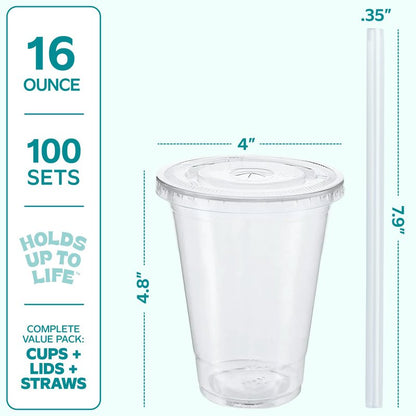GUSTO [24 oz - 100 Sets Clear Plastic Cups with Lids and Straws – Disposable Iced Coffee Cups for Cold Drinks, Smoothies, and To-Go Beverages – Sturdy, Easy-to-Separate