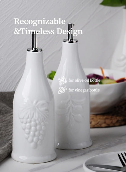 Set, 12 oz/350ml, 2 Pack, HOMBENE Ceramic Oil & Vinegar Dispenser Dripless Spout, Porcelain, Reusable, Cooking
