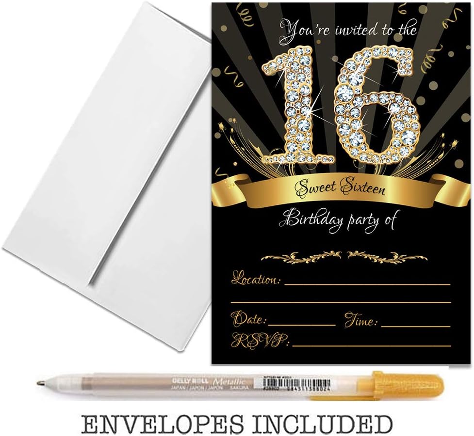 25 Sweet Sixteen Black Double-Sided Party Invitations Kit, 5x7, with Gold Metallic Pen and Envelopes