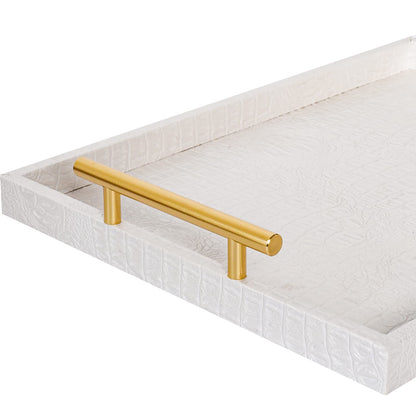 MACVAD Set of 2 Modern Elegant Large Wood Serving Tray, Rectangle Decorative Tray Ottoman Tay Coffee Table Tray, Pearl White Crocodile Leather with Gold Polished Metal Handles