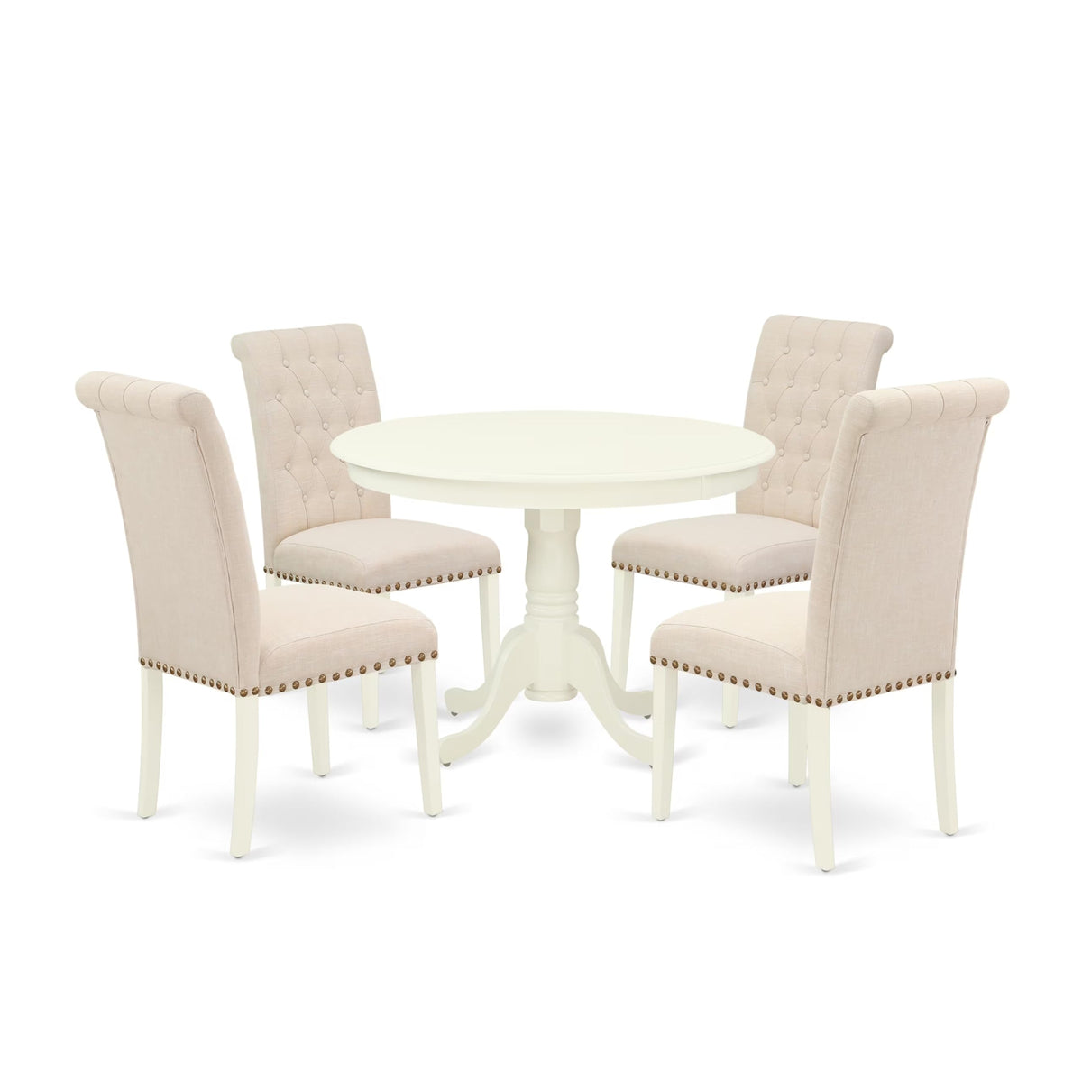 East West Furniture HLBR5-LWH-02 5 Piece Dining Room Furniture Set Includes a Round Dining Table with Pedestal and 4 Light Beige Linen Fabric Upholstered Chairs, 42x42 Inch, Linen White