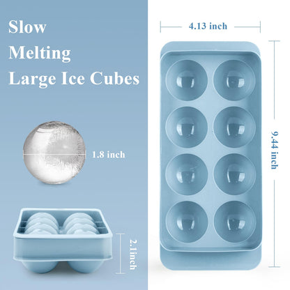 AIBIRUI Round Ice Cube Mold,8 PCS x 1.8 in Whiskey Ice Cubes,Circle Ice Cube Tray with Lid,Large Ice Ball Maker Mold Sphere Ice Cube,Large Ice Cube Molds for Cocktails,Coffee(Round Ice Cube Mold,Blue)