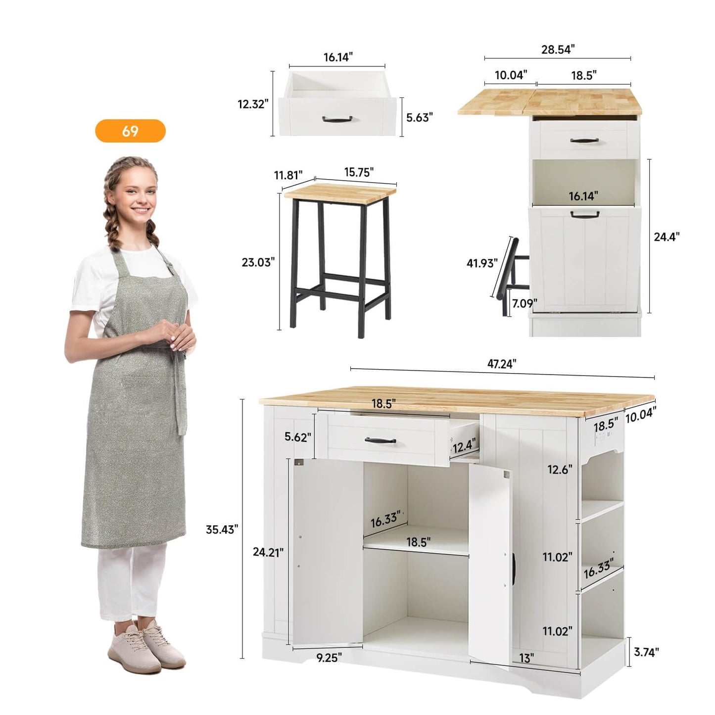 ONBRILL Stationary Kitchen Islands Include 2 Chairs, 47" Kitchen Island with Drop Leaf, Home Bar Table with Spice Rack & with Trash Cabinet, Island Table for Dining Room with Power Outlet, White