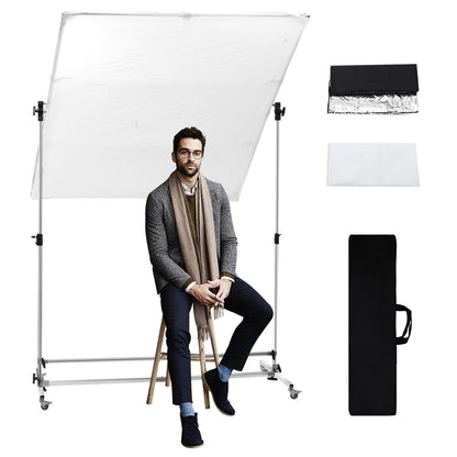 WELLMAKING 79x59 inch Professional Photography Light Diffuser Screen - 360° Rotatable Frame, Quick Setup, Adjustable Stand with Casters for Studio Portrait Video Shooting, White, Silver, Black