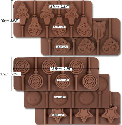 6 Cavity Silicone Lollipop Mold, Christmas Candy Mold, Round, Stars & Hearts, Bowknots, Smile Faces Shape, 5 PCS, 130