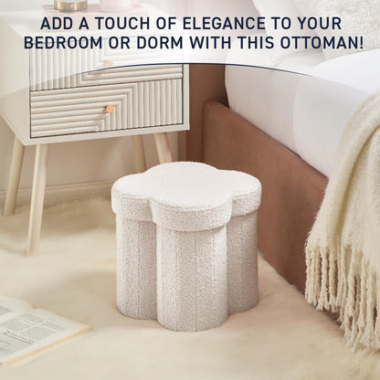 12" Inch Ornavo Home White Boucle Storage Ottoman Cube Flower-Shaped Footstool with Hidden Storage, Faux Teddy Fur Foot