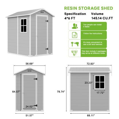 AIRAJ 4x6 FT Outdoor Storage Shed,Resin Storage Shed with Floor/Window/Vent/Roof Rainwater Drainage/Lockable Door,All-Weather Plastic Garden Sheds,for Yard,Garden,Poolside,Lawn Mower,Seasonal Items
