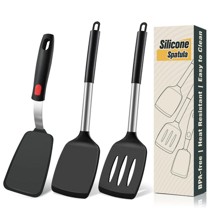 3 Pcs Silicone Spatula Set, Heat Resistant Solid & Slotted Turner for Non-Stick Pans, Silicone Cooking Utensils Set, BPA-Free, Flexible Spatula Turner for Flipping Eggs, Burgers, Pancakes, Black