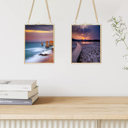 JUXYES Set of 2 Wall Hanging Brass Frames Ornament for Pressed Flowers, Double Glass Hanging Picture Artwork Display Frame, Vertical Gold Floating Style Gallery Wall Frame for Photo Picture Poster etc, 5x7 Inches