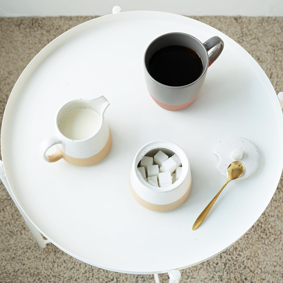 Bosmarlin Ceramic Sugar and Creamer Set, Sugar Bowl with Lid and Spoon, 3 Piece Set with Cream Pitcher, White Coffee Serving Set (White)