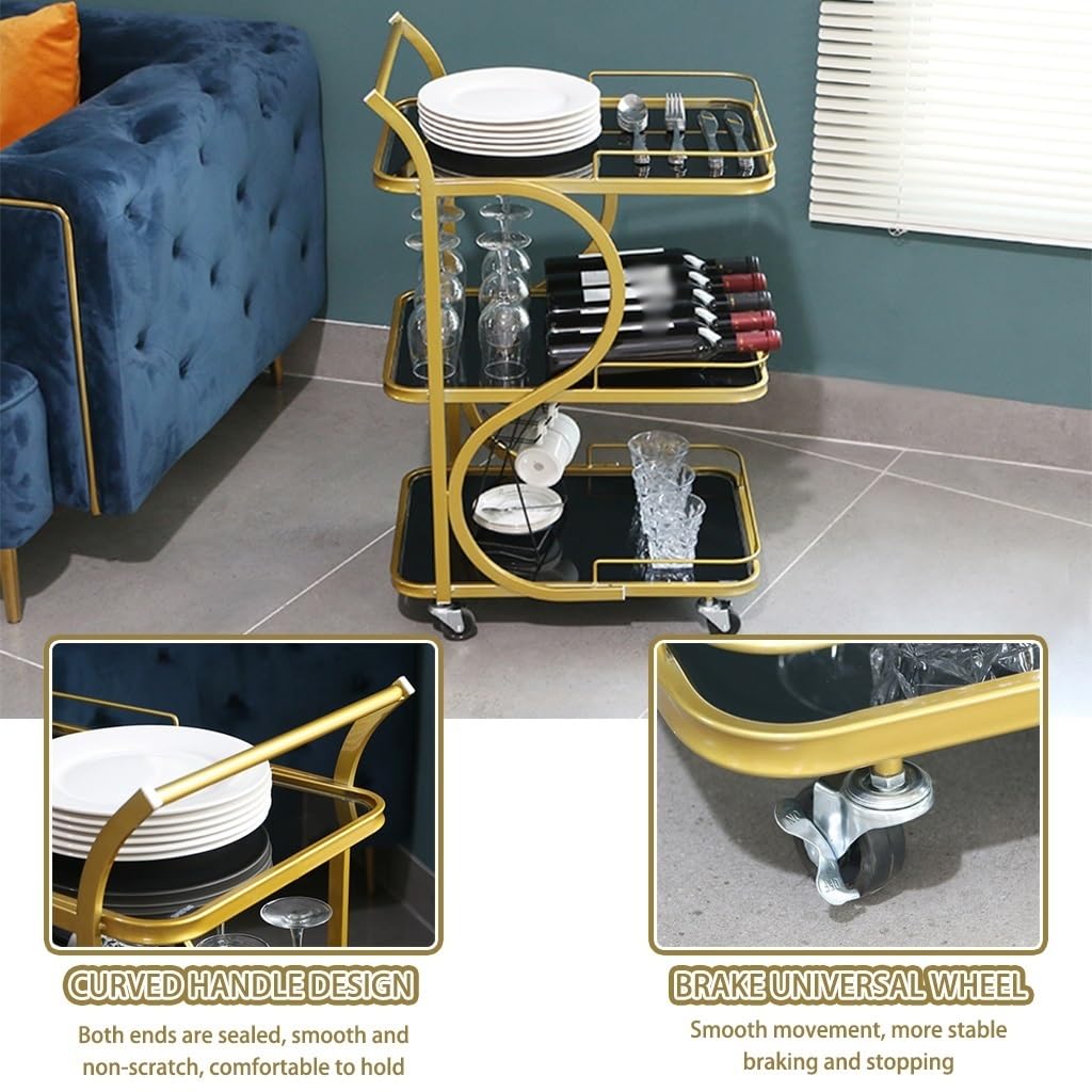 FGQuelleBM Nordic 3-Tier Serving Cart, Minimalist Mobile Snack with Handles & Wheels, Glass Top & Metal Frame for Office/Kitchen(Gold Black,84 * 45 * 34cm)