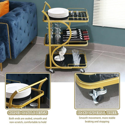 FGQuelleBM Nordic 3-Tier Serving Cart, Minimalist Mobile Snack with Handles & Wheels, Glass Top & Metal Frame for Office/Kitchen(Gold Black,84 * 45 * 34cm)