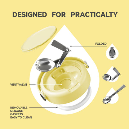 Ideus Soup Thermo with Foldable Spoon and Bowl 20oz, All-in-one Insulated Bento Lunchbox Stainless Steel Leakproof Portable Soup Container Vacuum Thermal Food Jar for Lunch (Light Yellow)