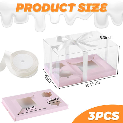 3Pcs Pink Bento Cake Cupcake Combo Boxes Valentine's Day 1+2 Bento Box with Clear Lid 2 Holes Pastry Sweets Cake Cupcake Combo Box Baking Supplies for Valentine Wedding Birthday Party(Pink 1+2/3Pcs)