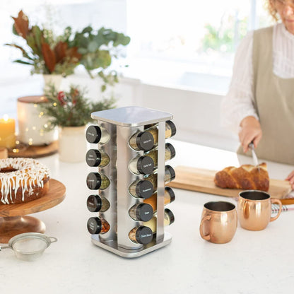 Orii 20 Jar Rotating Spice Rack with Spices Included & 5-Year Free Spice Refill Program – Stainless Steel Countertop Spice Rack with 3 oz Glass Jars