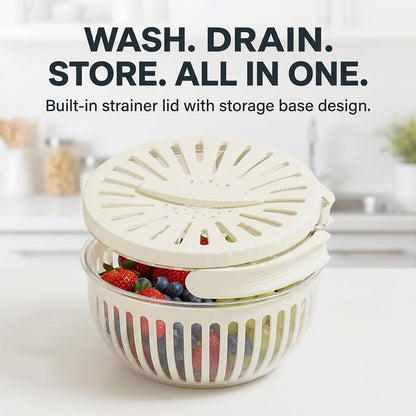 Mesh Fruit Basket Straine, Cleaner Bowl with Lid, 2-in-1 Draining and Preservation Spinner, Multifunctional Vegetable Washer Colander with Foldable Handle for Kitchen Counter