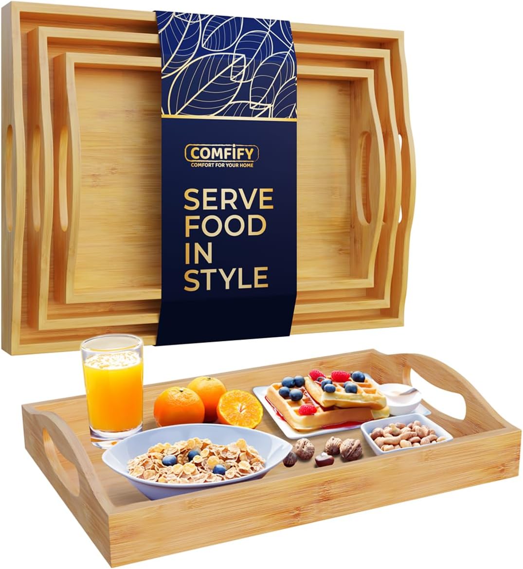 Set 3 Comfify Bamboo Serving Trays of Ottoman Trays for Food, Entertaining, and Decor Minimalist Design