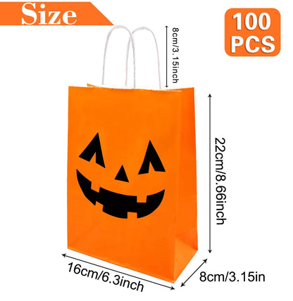 100 Pieces Halloween Pumpkin Gift Bags Trick or Treat Kraft Paper Candy Goodie Bags with Handle for Halloween Party Favors Supplies