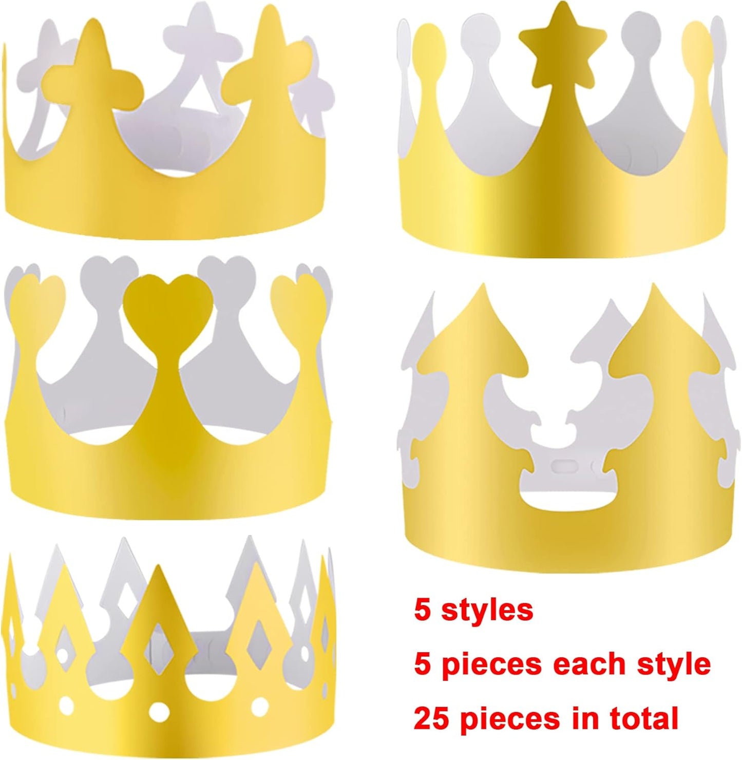 SIQUK 25 Pieces Gold Party Paper Crowns, 5 Styles, 5 Pcs Each, Golden Foil Headwear for Celebration