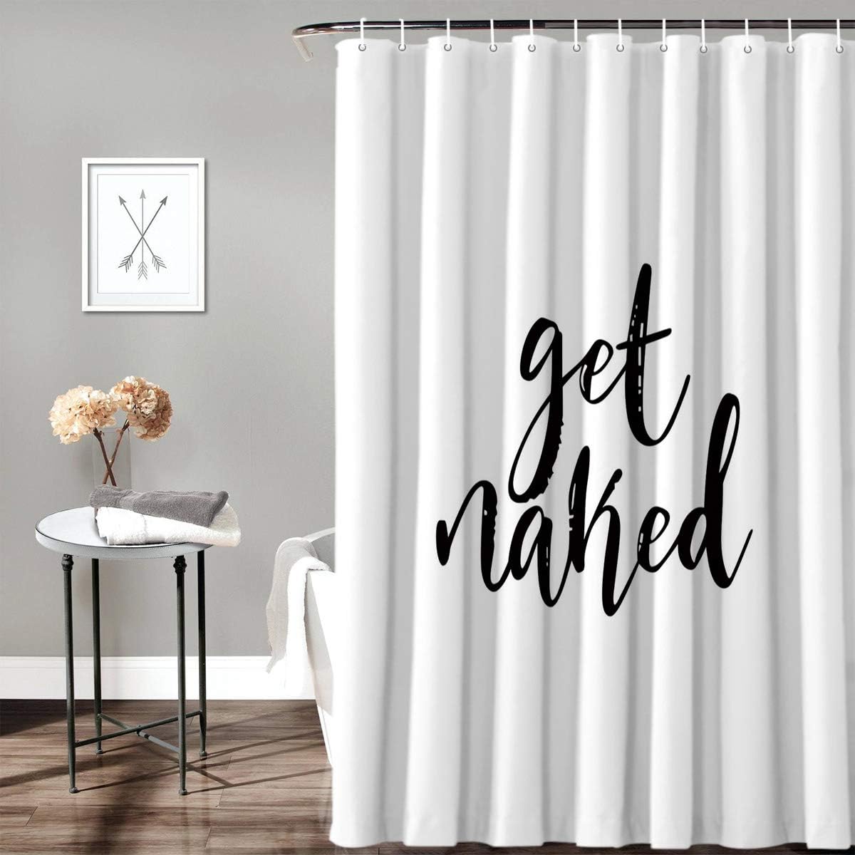 Z&L Home Get Naked Black Script Shower Curtain, White Bathroom Decorations with Hooks, Polyester Fabric 72x78 Inches