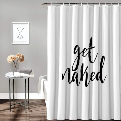 Z&L Home Get Naked Black Script Shower Curtain, White Bathroom Decorations with Hooks, Polyester Fabric 72x78 Inches