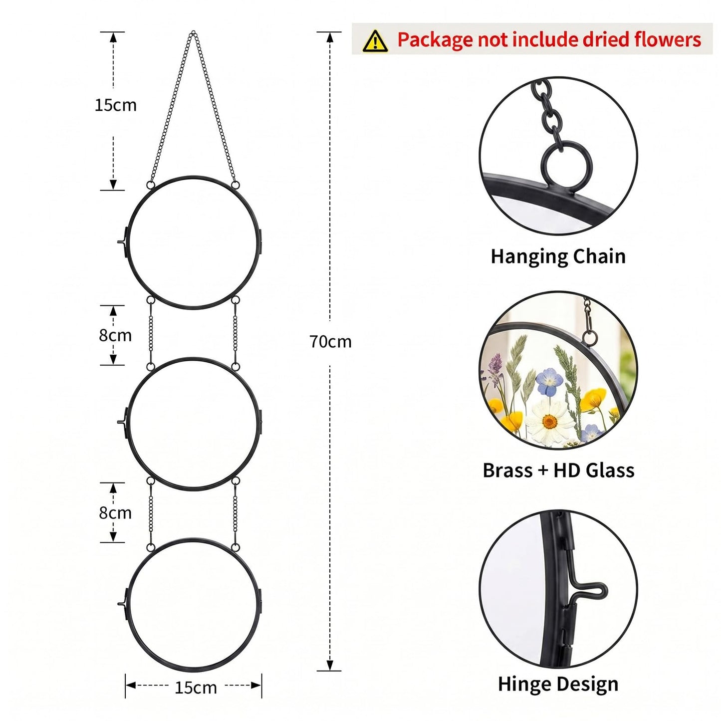 FOCHIER F Linked Round Pressed Flower Frame with Chain, Brass Double Glass Floating Picture Frame for Dried Flowers, Botanical DIY Display, Dynamic Hanging Wall Decor, Aesthetic Gift for Women
