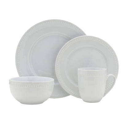 Everyday White by Fitz and Floyd, Beaded 16 Piece Dinnerware Set, Service for 4