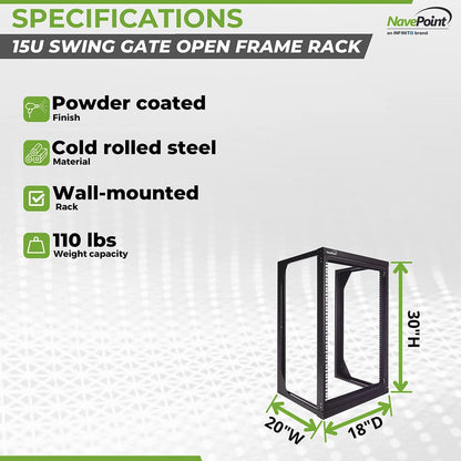 NavePoint 15U Open Frame Server Rack for 19" IT Network Equipment & A/V Devices, Free Standing or Wall Mount Rack with 180 Degrees Gate Swing, Black