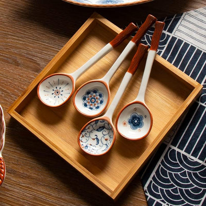 Chinese Handmade Ceramic Large Spoon, Long Handle Retro Porcelain Spoons for Ramen, Pho, Large Soup Spoons