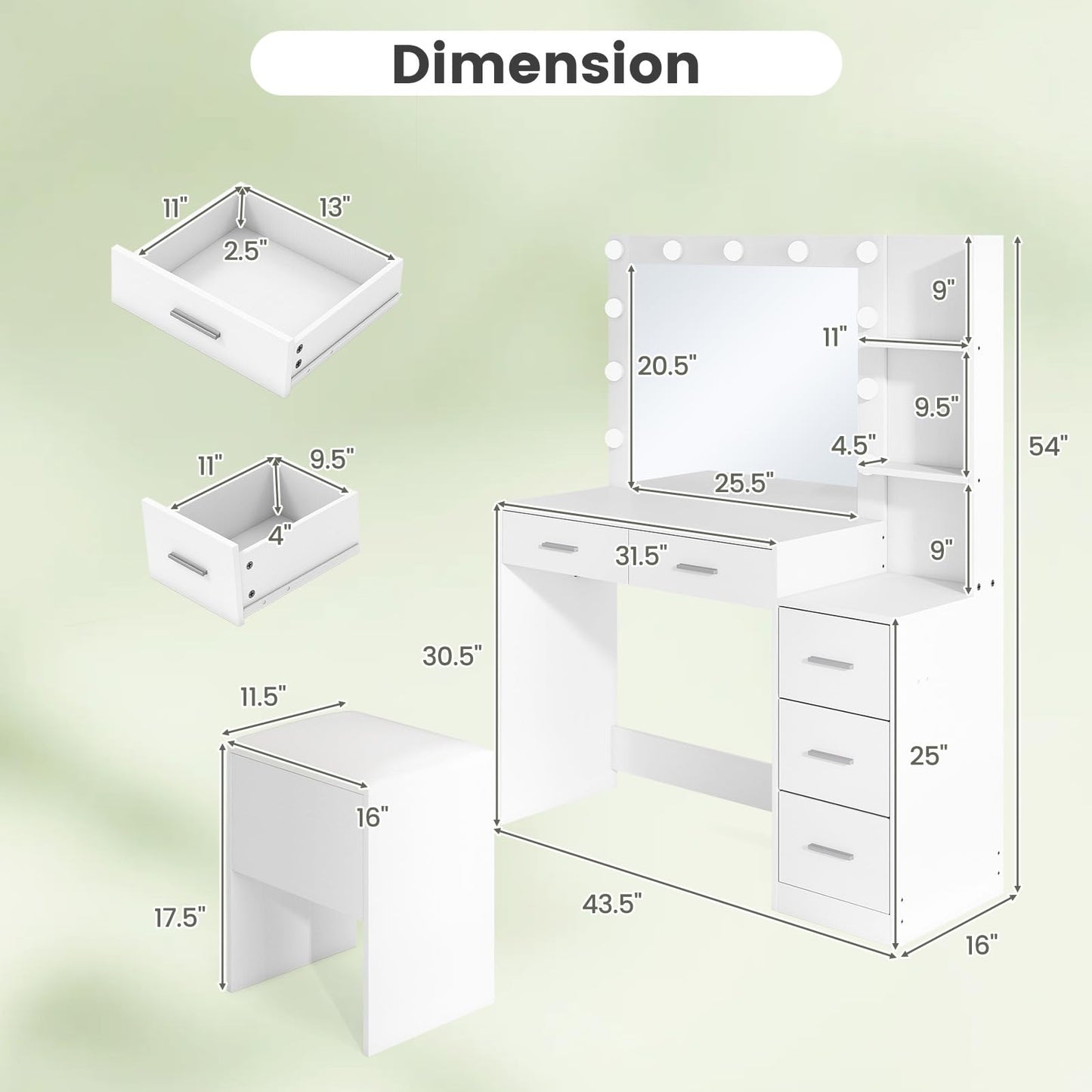 CHARMAID Vanity Desk with Mirror and Lights, White Makeup Vanity Desk with Charging Station, 5 Drawers & 2 Shelves, Storage Stool, 3 Color Lighting Modes, Modern Dressing Table for Bedroom
