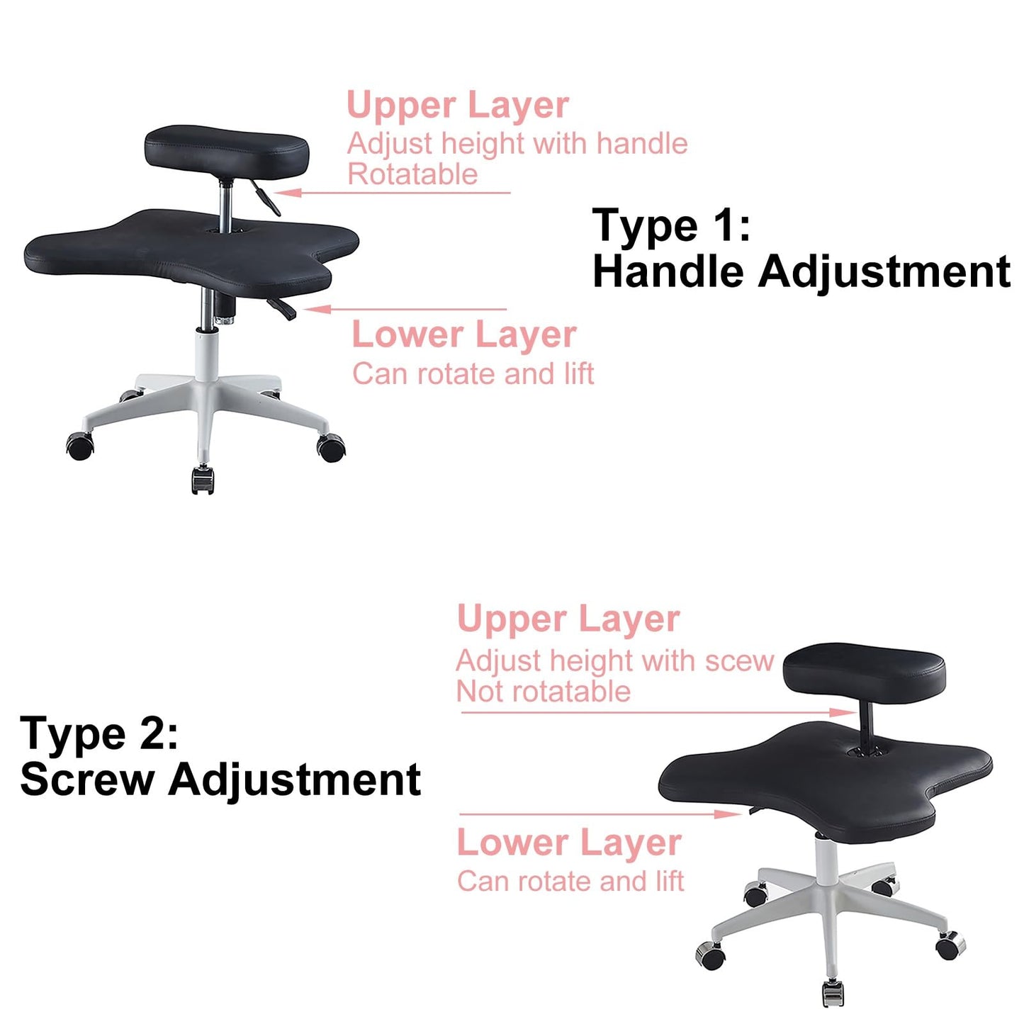 GenSDH Kneeling Office Chair, Meditation Chair, Ergonomic Height Adjustable Office Stool, Cross Legged Chair with Wheels (Pink Screw Adjustment),Pink-Screw Adjustment