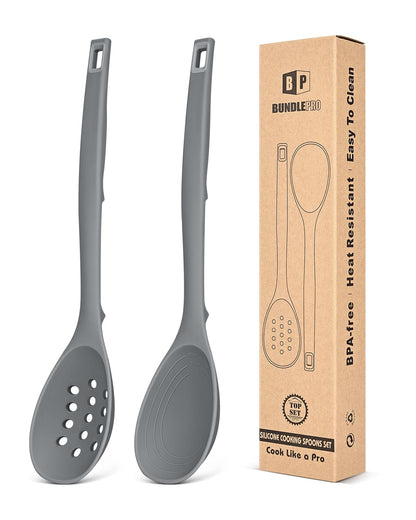 Pack of 2 Silicone Cooking Spoons, Non Stick Solid Kitchen Spoon with Measuring Marks & Back Hooks, Heat Resistant Silicone Slotted Spoon for Cooking, Mixing, Stirring,Serving (GRAY)