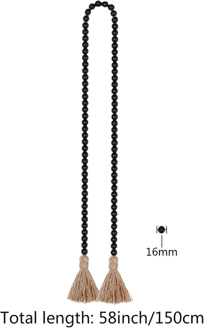 58in Wood Bead Garland with Tassels, Farmhouse Rustic Country Decor, Prayer Boho Wall Hanging Decoration (Black)