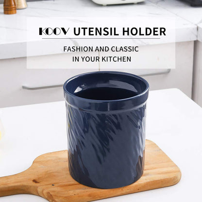 KOOV Kitchen Utensil Holder, Large Ceramic Utensil Crock, Deep and Stable, Utensils Caddy Texture Series (Dark Blue)