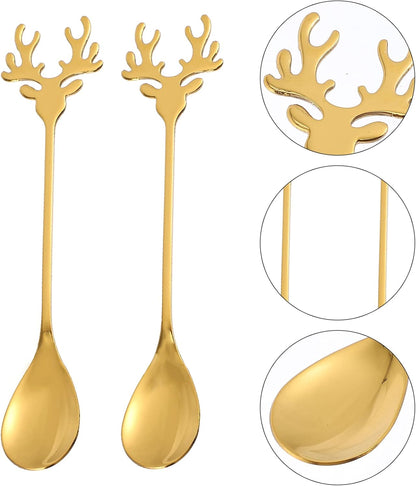 Hemoton 2pcs Coffee Spoons Set, Stainless Steel Gold Tea Spoons with Reindeer Handle, 5.5 Inch