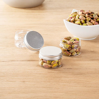 Restaurantware RW Base 1 Ounce Candy Jars 100 Durable Kitchen Storage Containers - Round Airtight Seal Clear Plastic Snack Jars With Silver Aluminum Lids For Table Display Or Candy Buffet
