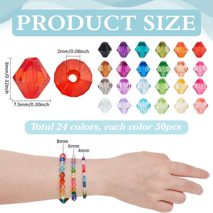 PH PandaHall 1200pcs 8mm Crystal Beads for Jewelry Making 24 Colors Bracelet Beads Faceted Bicone Acrylic Bead Loose Craft Bead for Bracelet Necklace Earring Keychain Making