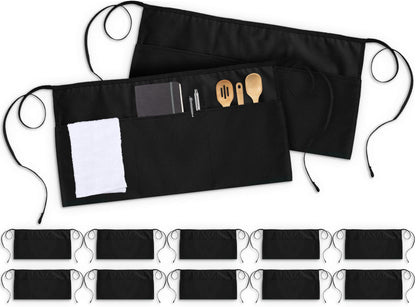 Utopia Wear 12 Pack Server Aprons with 3 Pockets, Waiter and Waitress Waist Aprons for Women with Pockets, Men Short Aprons (Black)