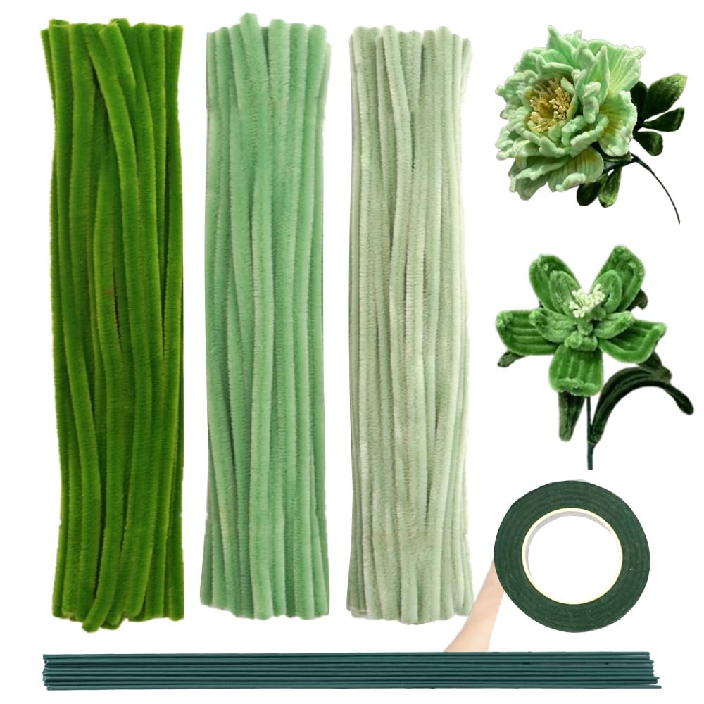 URSDIART 311pcs Green Pipe Cleaners Craft -Chenille Steams Flower Making Kit,Thick Fuzzy Wire with Accessories | limpiapipas para Flores for Arts & Crafts, Classroom Project, Festive Decoration