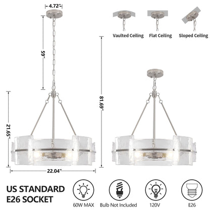 Corlaceling Modern Glass Dining Room Chandelier, 22 inch Brushed Nickel Drum Kitchen Island Light Fixture Luxury Textured Glass Water Ripple Crystal Chandeliers for Living Room Foyer Bedroom