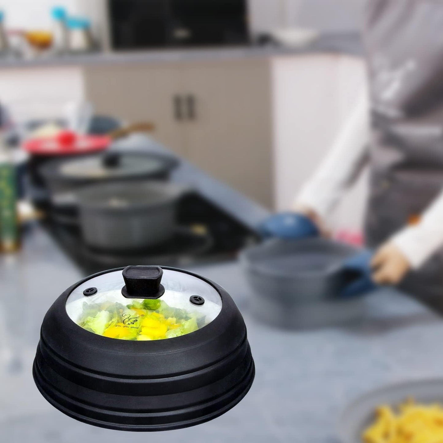 Microwave Splatter Cover | Collapsible Plate Cover Lid with Easy Grip Handle, Tempered Glass & Silicone