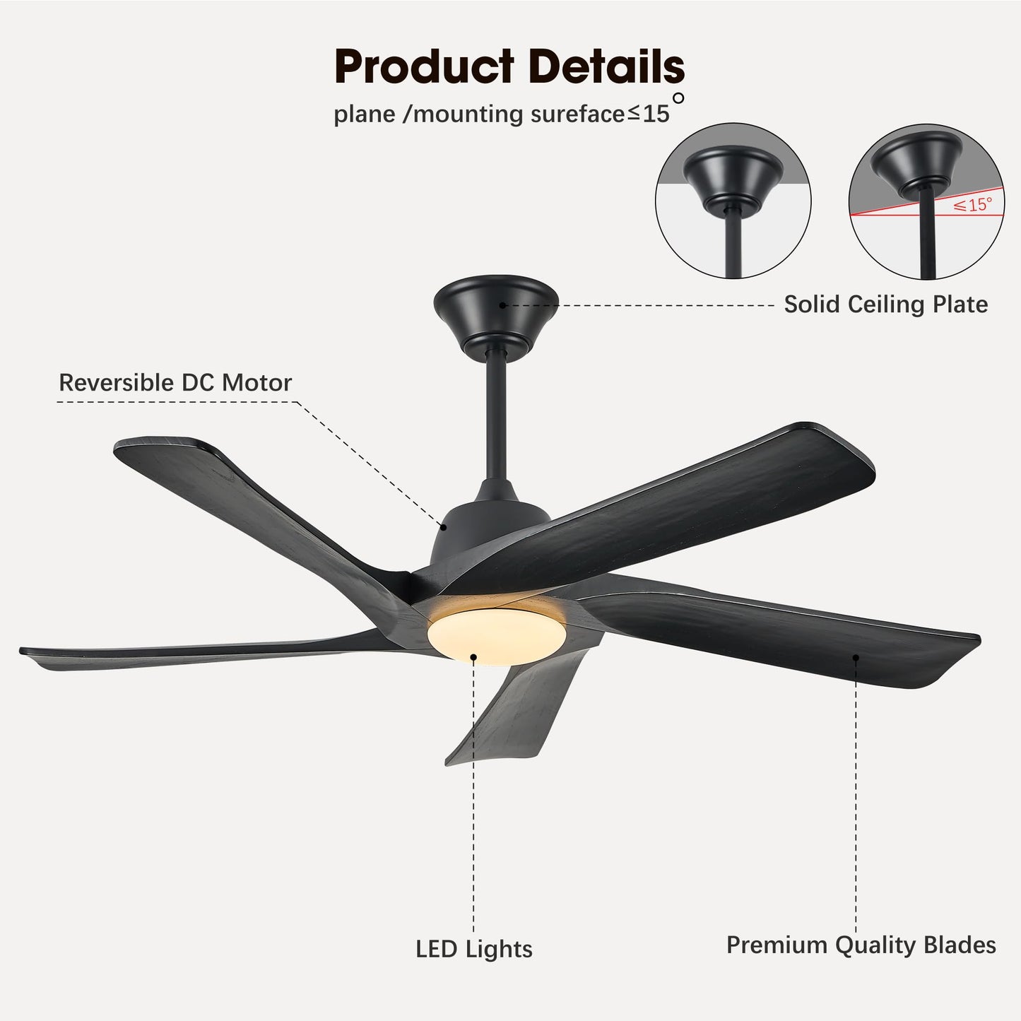 LVYEAYOU Ceiling Fan with Light, 52 Inch Solid Wood Ceiling Fans, Remote and APP Control, 3-color Dimmable, DC Motor, 6-speed Reversible, for Bedroom, Living Room, Black