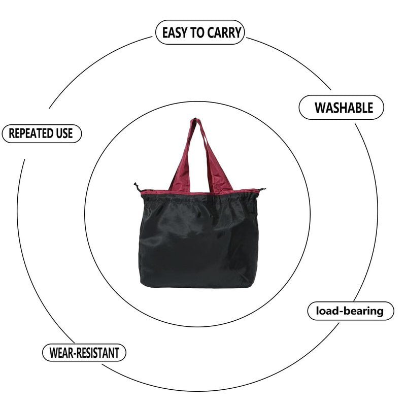 fxqtomio Reusable shopping tote bag, large capacity drawstring tightening top, foldable grocery tote bag, shoulder bag (Black)