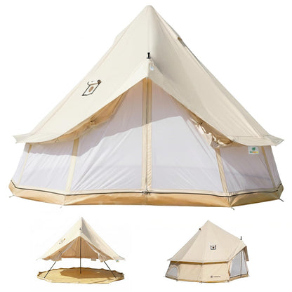 Canvas Bell Tent with Stove Jack, Glamping Yurt Tent for 360° Ventilated Mesh with Zipped Removable Floor, 4 Season Family House Hot Tents for All Year Living (Beige- 4M- 173 sq. ft yurt)
