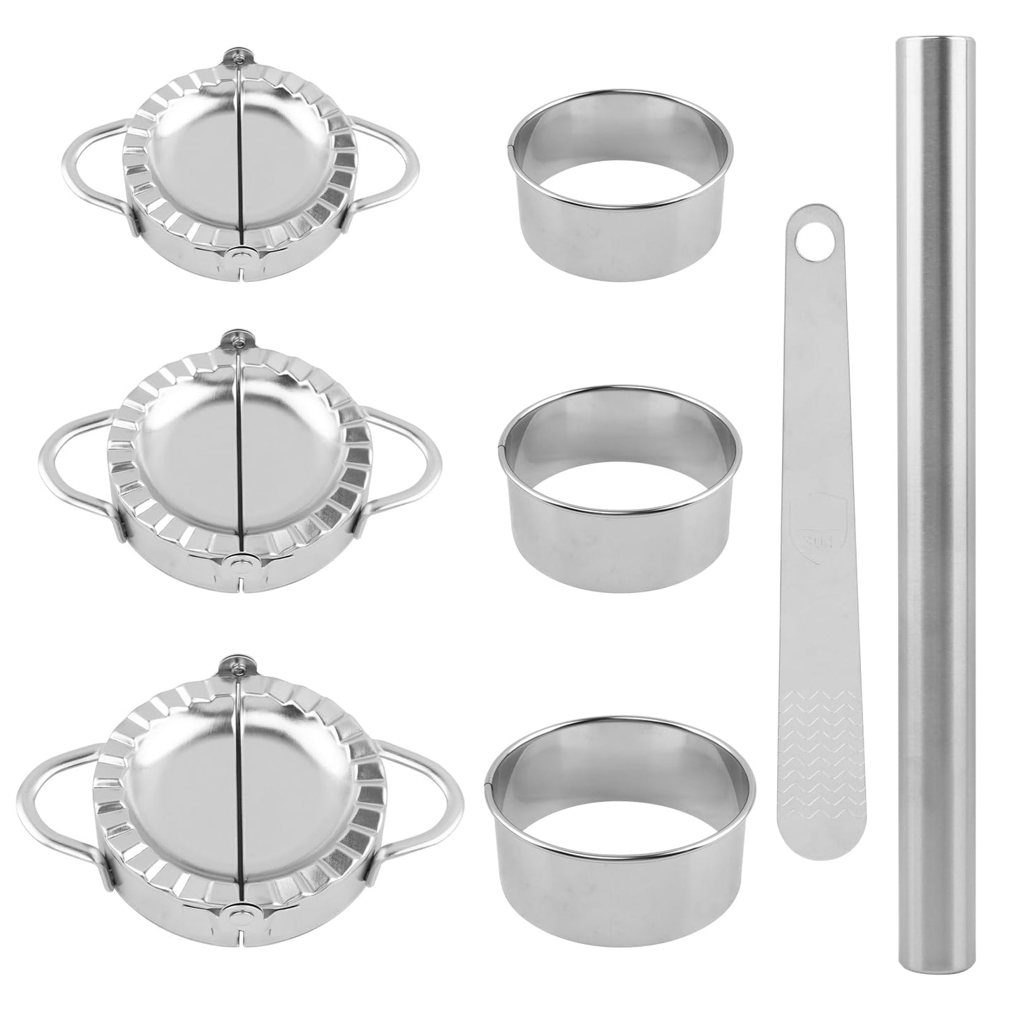Stainless Steel Dumpling Maker Set, 3 Dumpling Maker Press + 3 Dough Cutter + 1 Stuffing Scoop +1 Rolling Pin, Easy tool for Dumpling-Wrapper Dough Stamp Cutter Pastry Pie Making(COLOR:Silver)