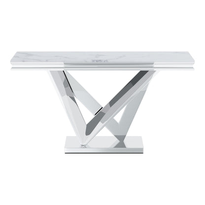 Furniture of America Namai 25mm Faux Marble Top Rectangle Sofa Table with Metal Construction and V-Style Pedestal, Home Décor for Living Room, Entryway, Hallway, Office, Corridor, Chrome