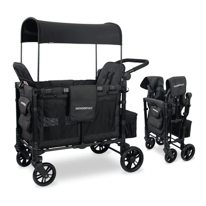 WonderFold W2 Elite Stroller Wagon - Foldable Wagon with Steel Frame - Adjustable Canopy & Push Handle - All-Terrain Wheels - for Babies, Toddlers & Kids - 2 Seater - Jet Black