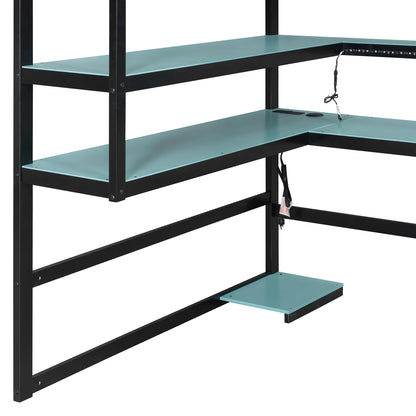 DNYN Gaming Loft Bed with Built-in Desk and Storage Shelves for Teens/Adults Bedroom, Space-Saving Full Size Wooden Bed Frame with LED & Side Race, No Box Spring Needed