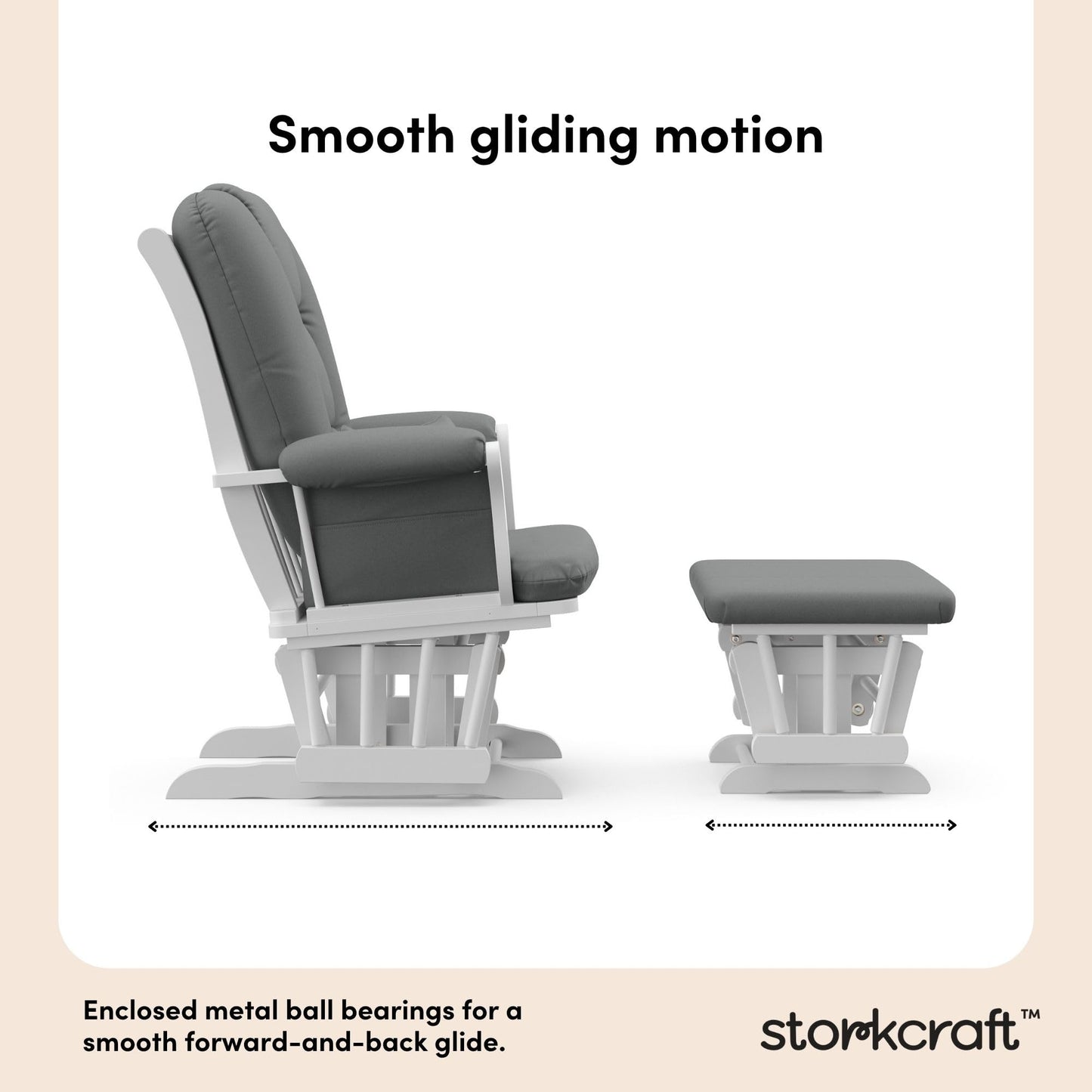 Storkcraft Tuscany Custom Glider and Ottoman with Free Lumbar Pillow (White/Grey) - Cleanable Upholstered Comfort Rocking Nursery Chair with Ottoman